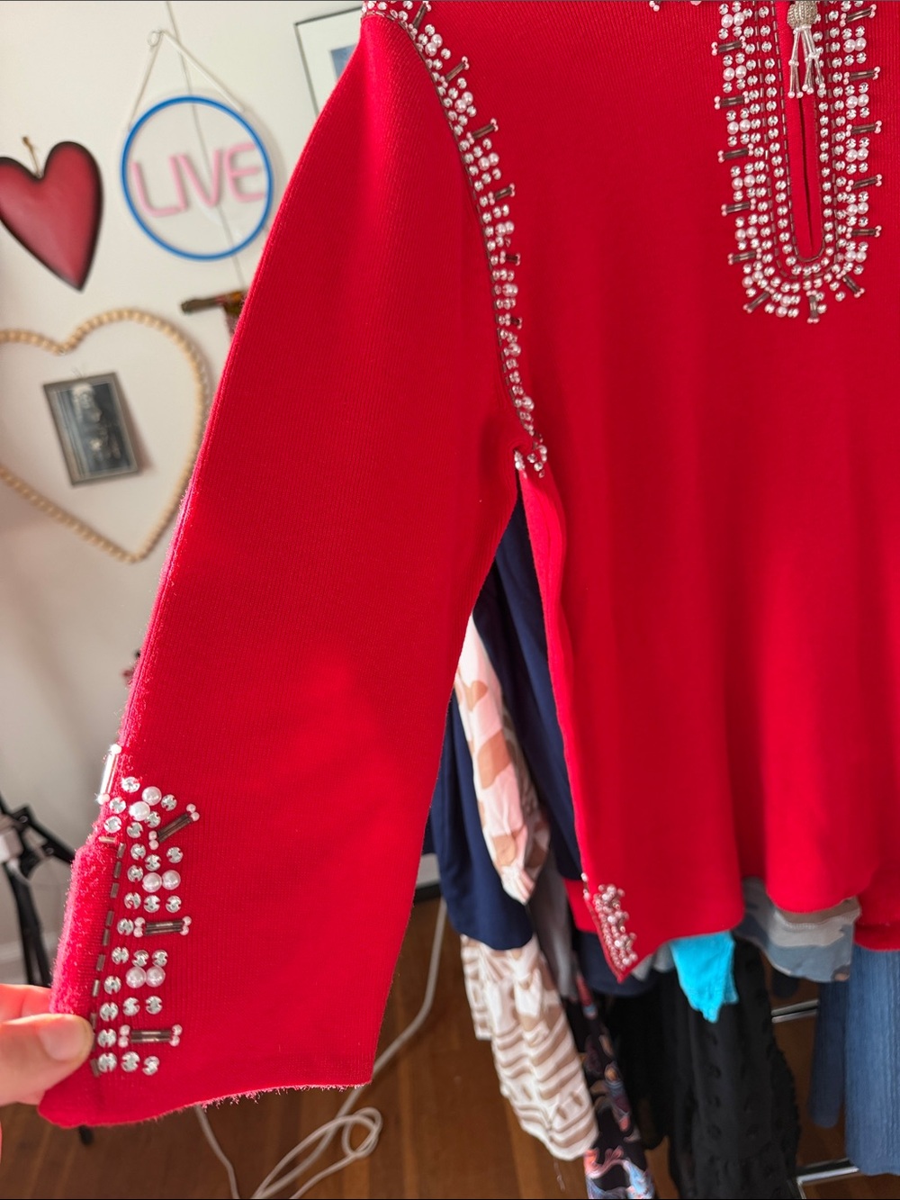 Quacker Factory Red Embellished Knit Pullover with Tassel Zipper pull - Picture 5 of 10